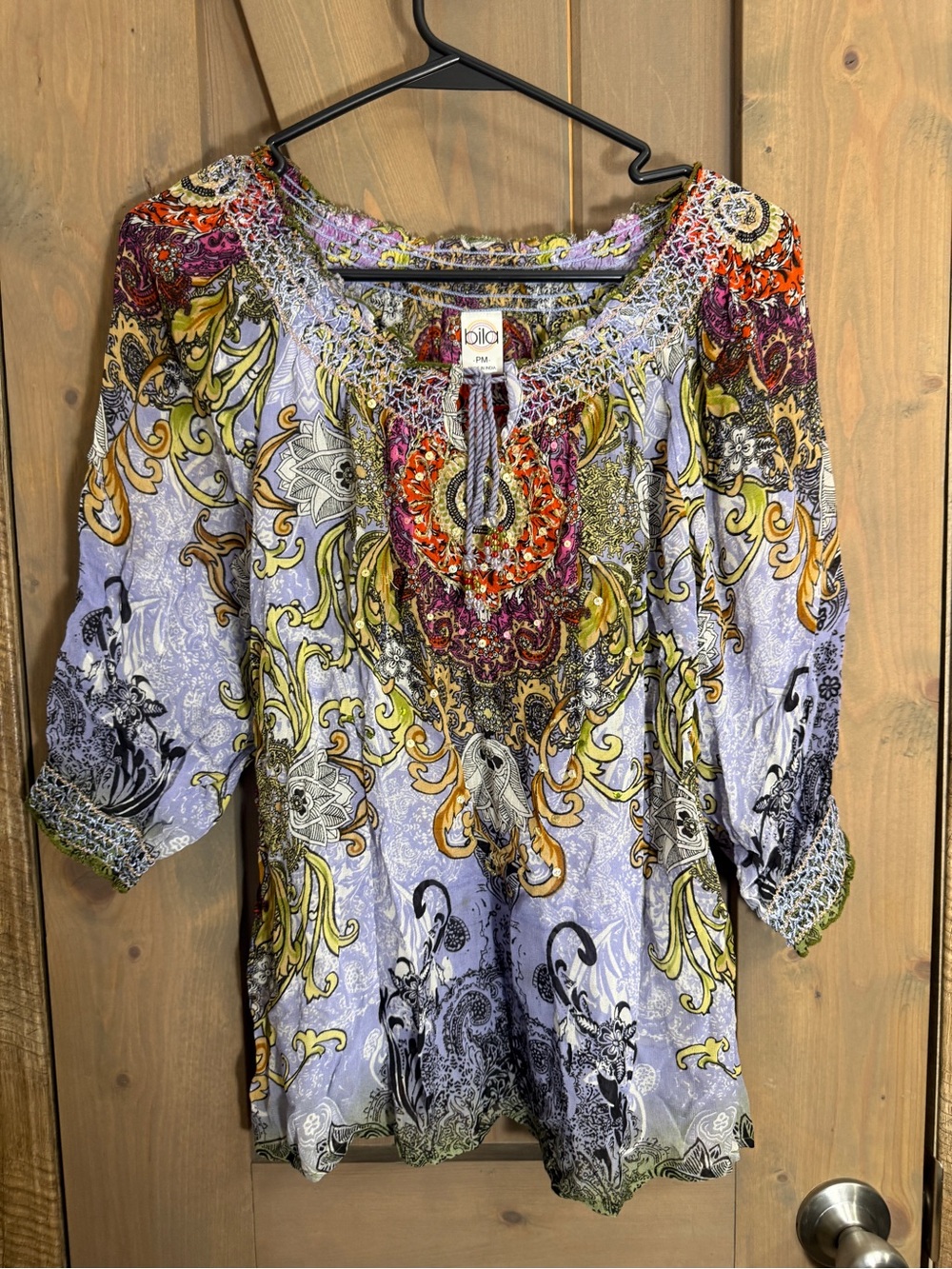 Bila Lavender Paisley Boho Smocked Peasant Blouse